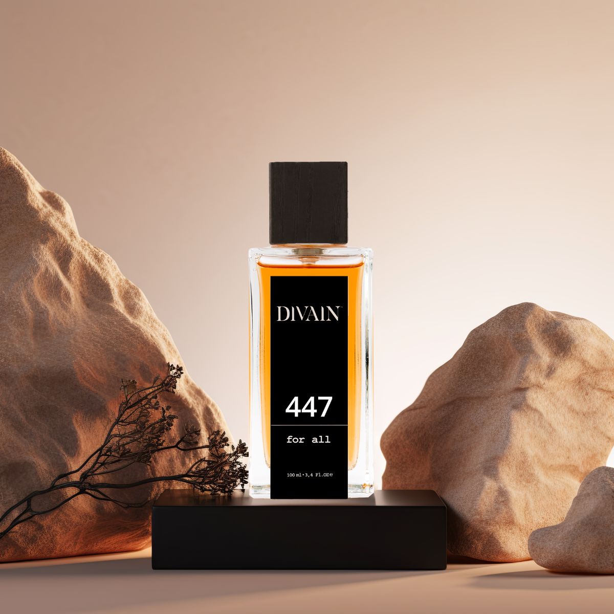 Perfume divain-447 surrounded by stones simulating the desert