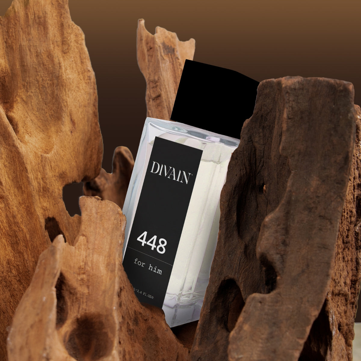 Divain-448 perfume embedded in a wooden log