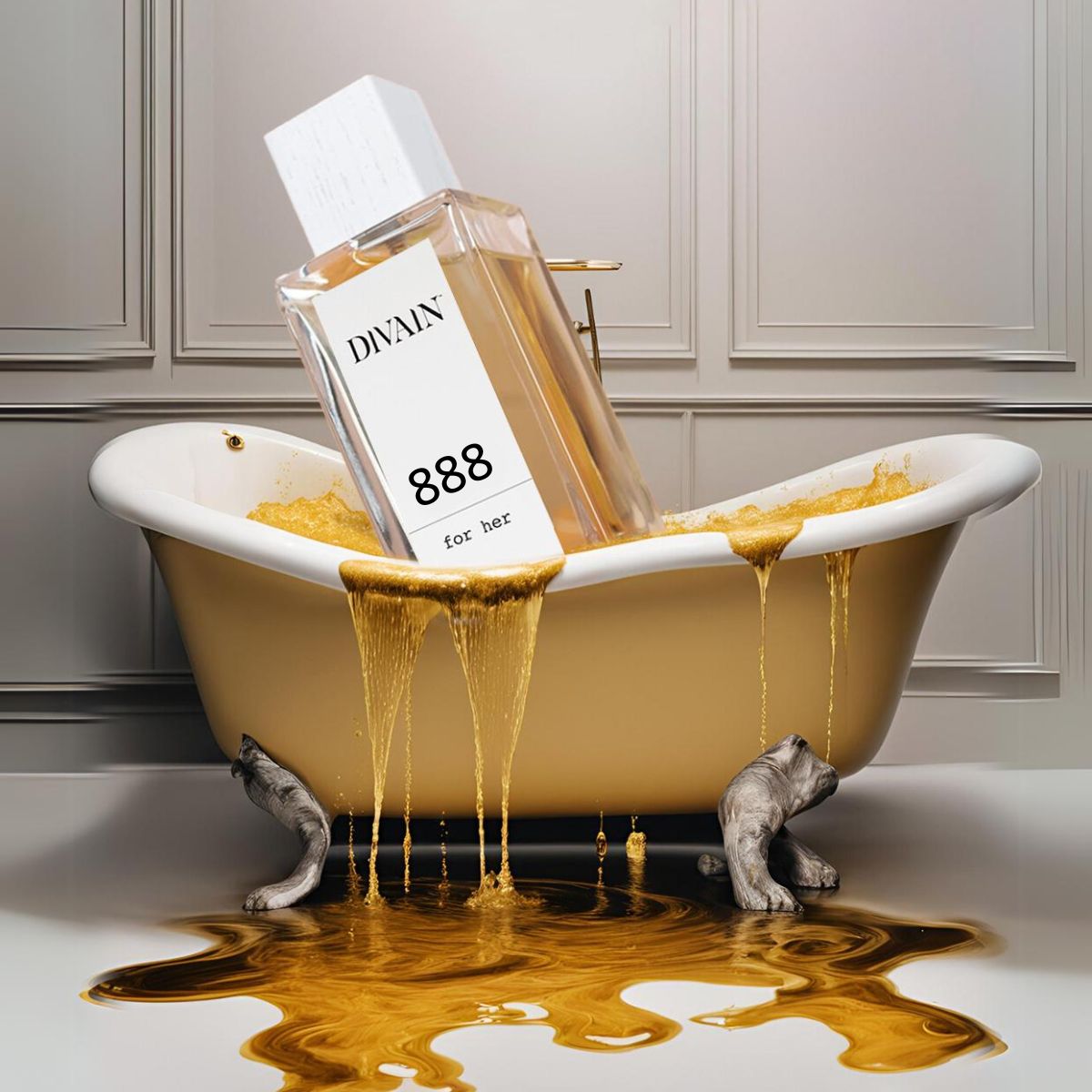 Perfume divain-888 in a bathtub and overflowing with a golden liquid as if it were melted gold.