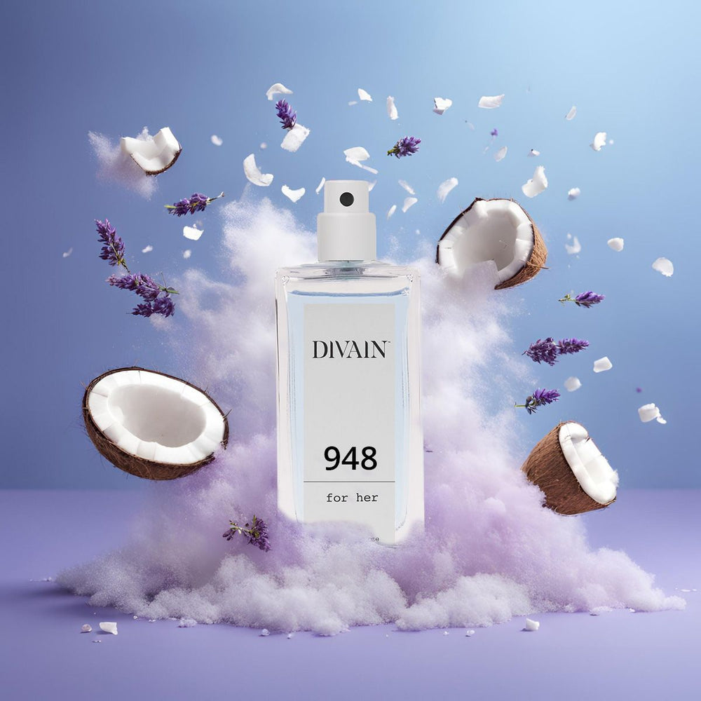 Perfume divain-948 inside an explosion with white smoke and pieces of coconut destroyed by the air.