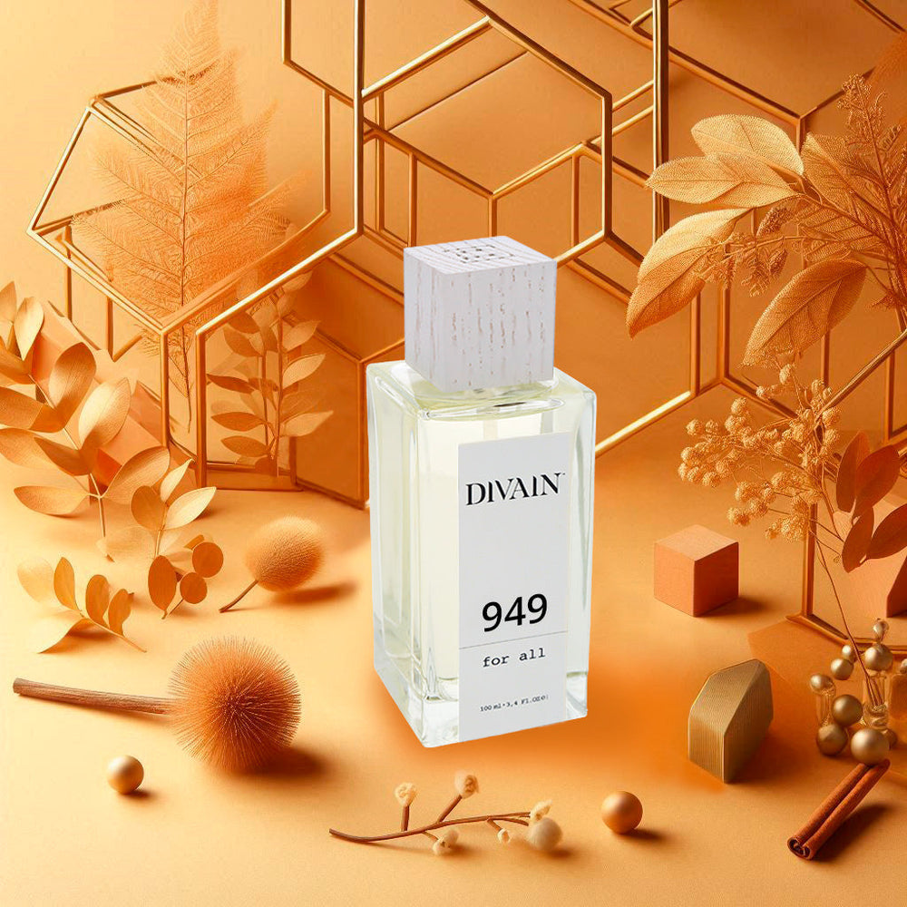 Perfume divain-949 on an autumnal background with square elewomants and flowers all in yellowish-brown colour