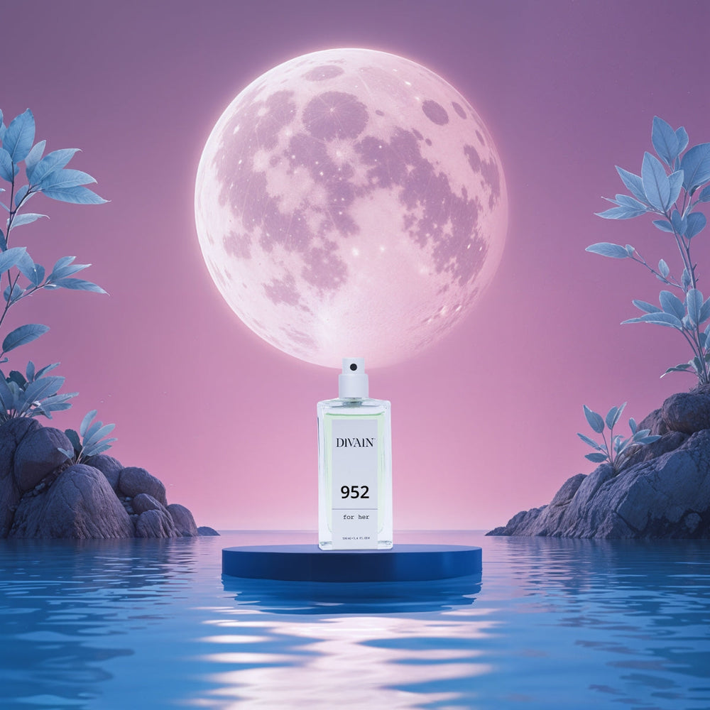 Perfume divain-952 standing on a stand in the middle of the sea with a giant pink moon in the background.