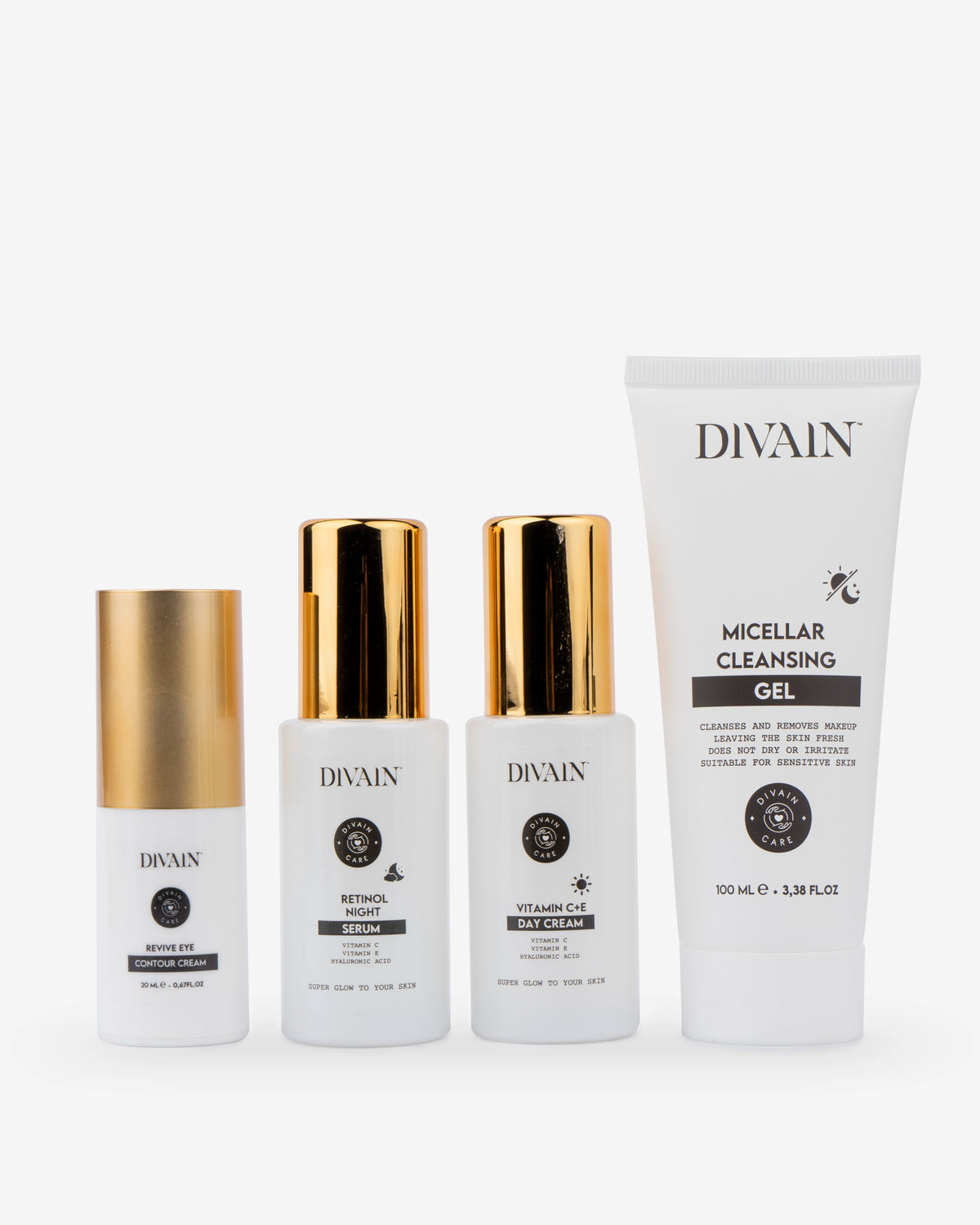 Complete day and night facial routine pack containing a micellar cleansing gel, a moisturising cream, a night serum and an anti-wrinkle eye contour cream.