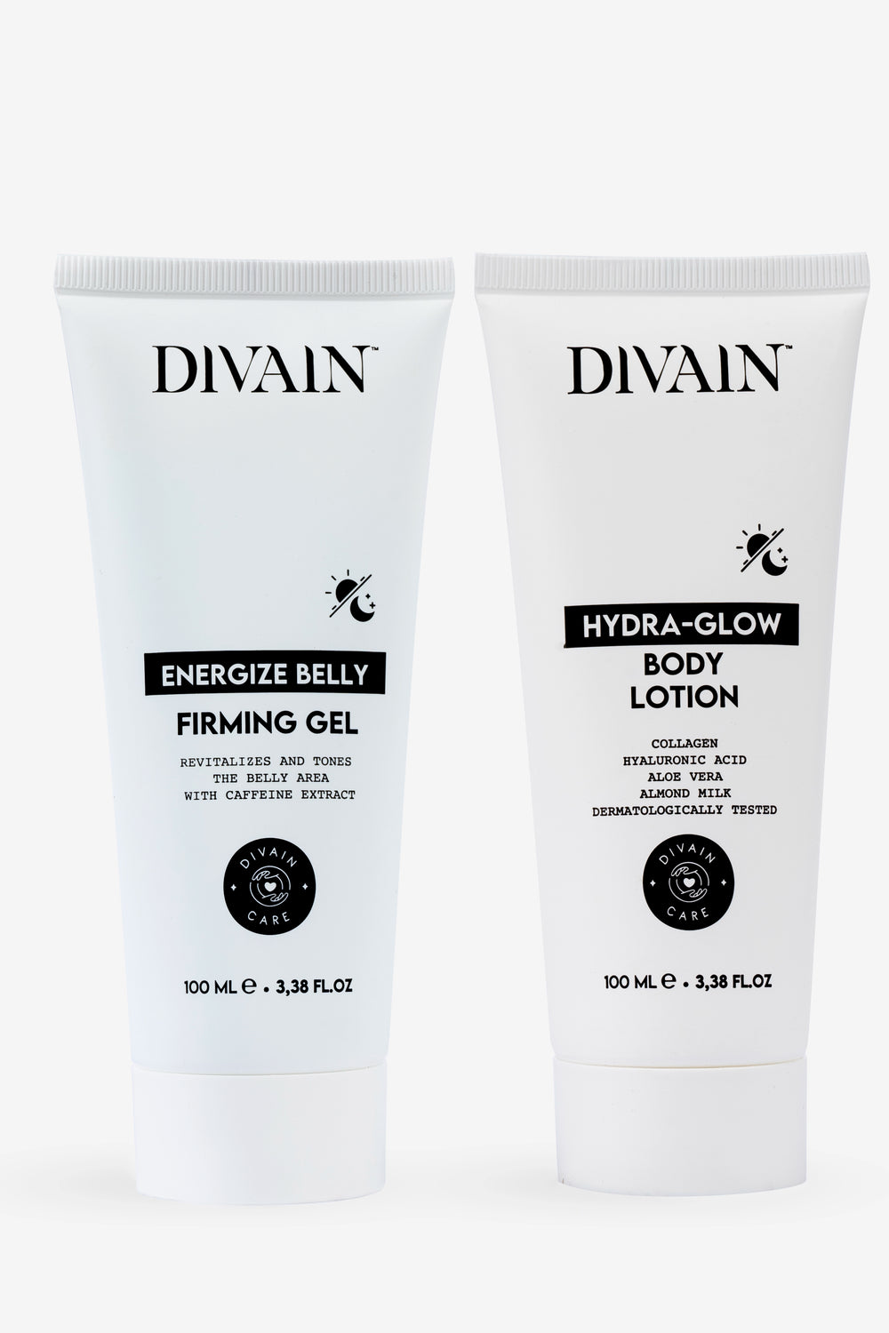 Defined belly pack containing a firming belly gel and a moisturising body lotion.